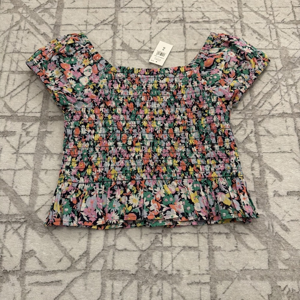 NEW Gap Kids Girls M 8 Navy Floral Smocked Top Puff Sleeve Square Neck Blouse - Picture 9 of 9